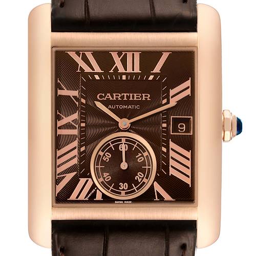 This image shows the face of a Cartier Tank MC W5330002 Men's Rose Gold Brown Dial W5330002 Men's Rose Gold Brown Dial watch, including its dial, hands, and date window.