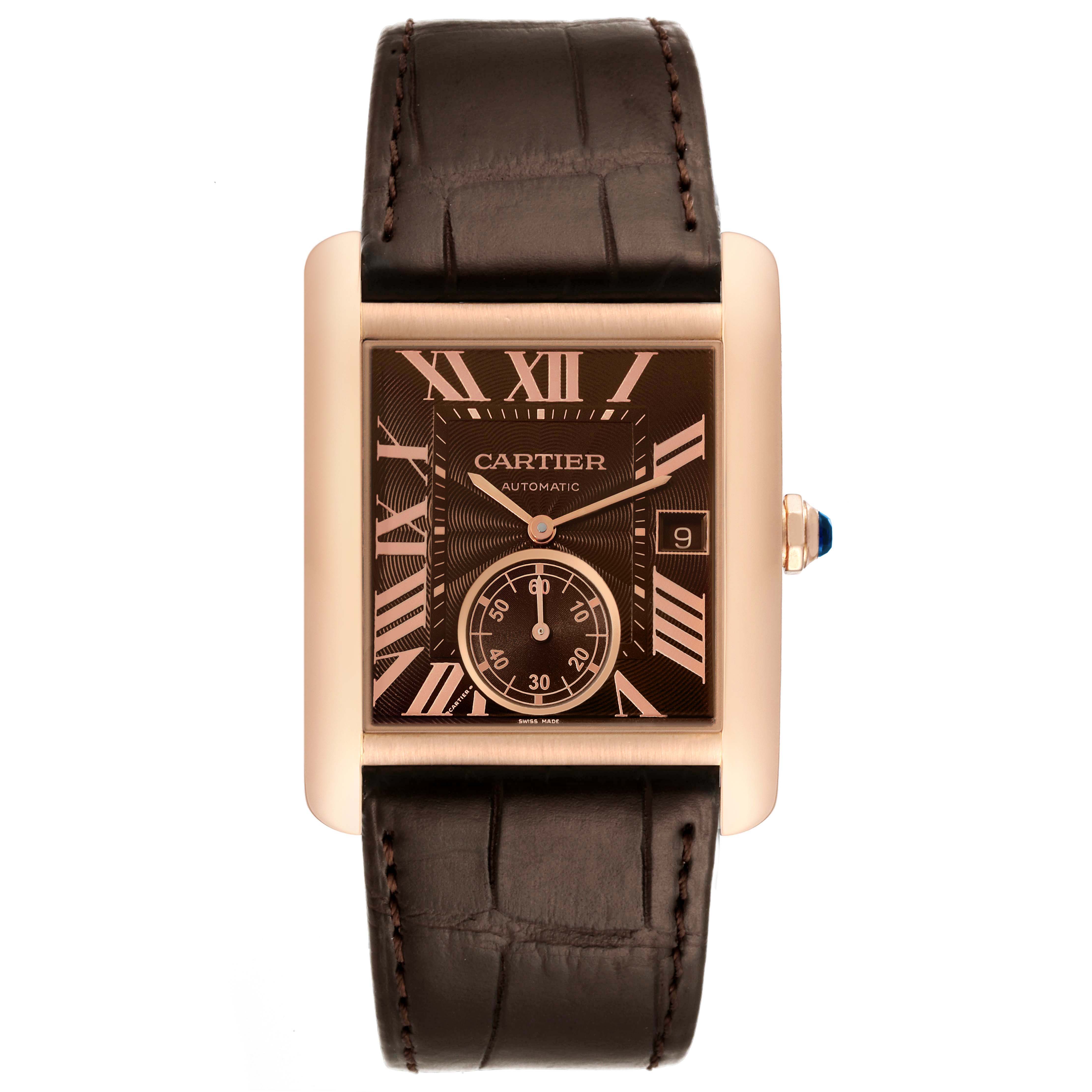 The image shows a front view of the Cartier Tank MC W5330002 Men's Rose Gold Brown Dial W5330002 Men's Rose Gold Brown Dial watch, displaying its face, strap, and crown.