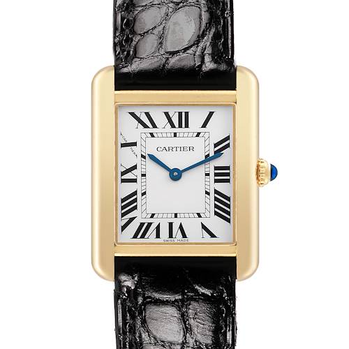 The Cartier Tank Solo W5200002 Women's Yellow Gold White Dial watch is shown from the front, highlighting the rectangular face, Roman numerals, and black leather strap.