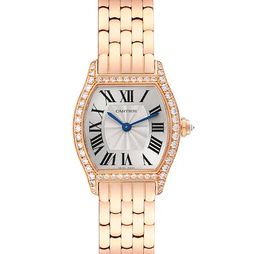 This image shows a frontal view of a Cartier Tortue WA501010 Women's Rose Gold Silver Dial WA501010 Women's Rose Gold Silver Dial watch, highlighting its face, Roman numerals, diamond bezel, and rose gold bracelet.