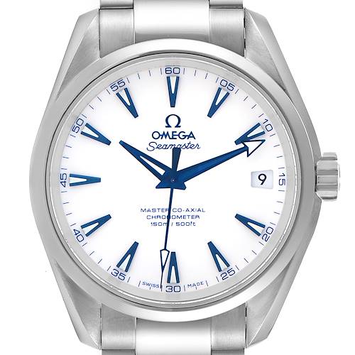 The image shows a front view of the Omega Aqua Terra 231.90.39.21.04.001 Men's Titanium White Dial 231.90.39.21.04.001 Men's Titanium White Dial watch, highlighting its dial, hands, bezel, and part of the bracelet.