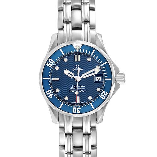 The Omega 2583.80.00 Women's Stainless Steel Blue Dial Seamaster Diver 300M 28mm Blue Dial Steel Ladies Watch 2583.80.00 is shown from a top view, highlighting the dial, bezel, and bracelet.