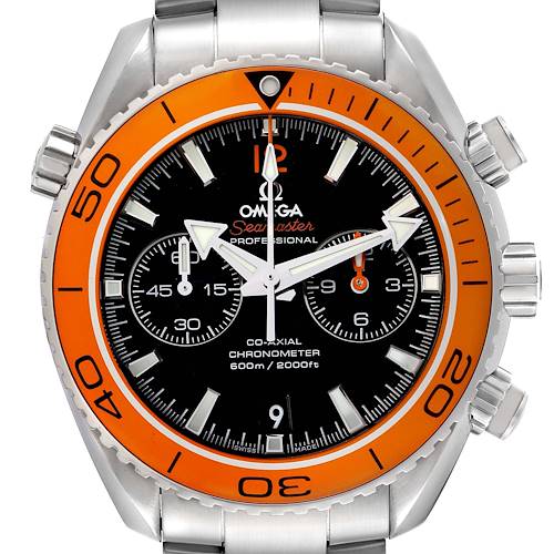 The Omega Seamaster 232.30.46.51.01.002 Men's Stainless Steel Black Dial watch is shown from a front angle featuring its orange bezel and chronograph dials.