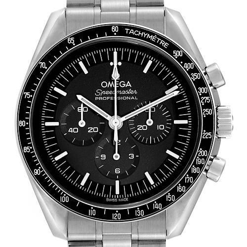 The image shows a front view of the Omega Speedmaster 310.30.42.50.01.001 Men's Stainless Steel Black Dial 310.30.42.50.01.001 Men's Stainless Steel Black Dial watch, highlighting its dial, subdials, tachymeter bezel, and stainless steel bracelet.