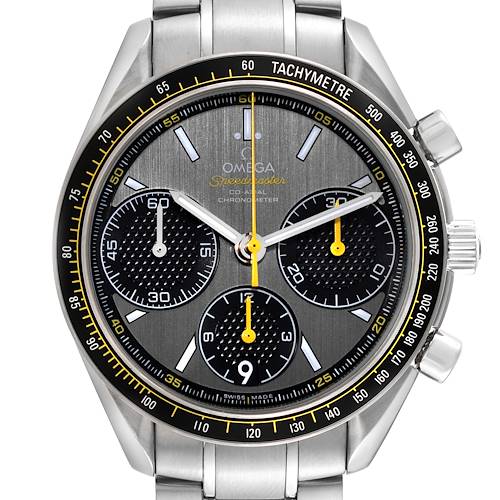 This image shows a front-facing view of an Omega Speedmaster 326.30.40.50.06.001 Men's Stainless Steel Grey Dial 326.30.40.50.06.001 Men's Stainless Steel Grey Dial watch, highlighting its tachymeter, subdials, and stainless steel bracelet.