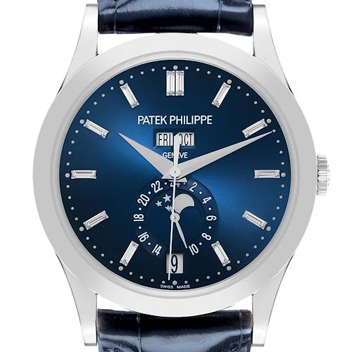 The Patek Philippe Complications 5396G-017 Men's White Gold Blue Dial is shown from the front, displaying its dials, moon phase, and leather strap.