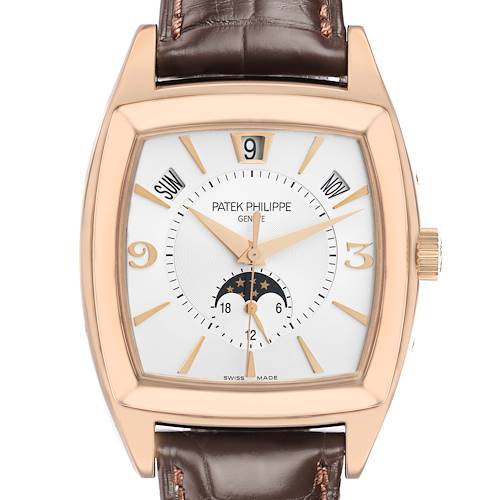 The Patek Philippe Gondolo 5135R-001 Men's Rose Gold White Dial watch is shown from a front view, displaying its dial, hands, indices, and leather strap.