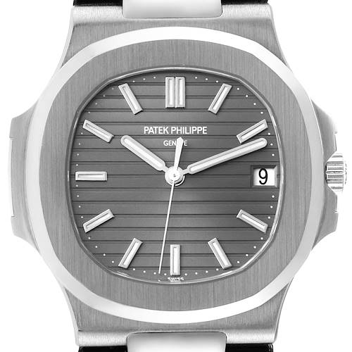 The image shows a front view of a Patek Philippe Nautilus 5711G-001 Men's White Gold Grey Dial 5711G-001 Men's White Gold Grey Dial watch, highlighting its dial, hands, markers, and crown.
