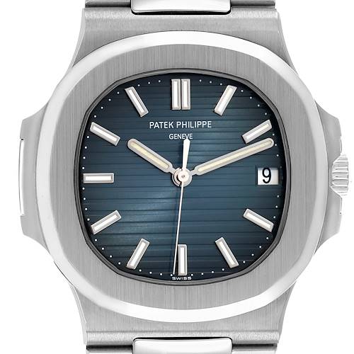 The Patek Philippe Nautilus 5711/1A-010 Men's Stainless Steel Blue Dial watch is shown from a front angle, highlighting its dial, hands, indices, and date window.
