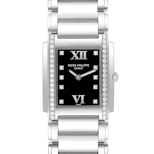 The Patek Philippe Twenty-4 4910 Women's Stainless Steel Black Dial watch is shown from the front, highlighting its black dial, diamond markers, and metal bracelet.
