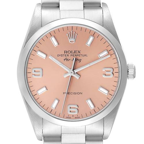 This image shows a front view of the Rolex Air-King 14000 Men's Stainless Steel Pink Dial 14000 Men's Stainless Steel Pink Dial watch, highlighting its dial, hands, indices, and crown.