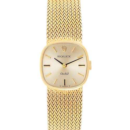 The image shows a frontal view of a Rolex Cocktail 2672 Women's Yellow Gold Silver Dial 2672 Women's Yellow Gold Silver Dial model watch with a gold mesh strap and a rectangular dial.