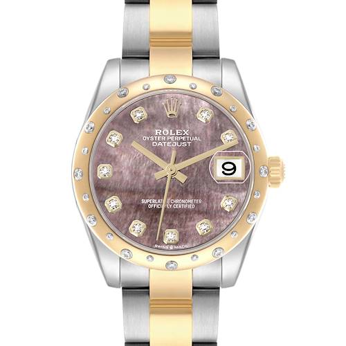 The Rolex Datejust 278343 Women's Steel and Gold (two tone) Mother of Pearl Dial watch is shown from the front, highlighting the face, bezel, and part of the two-tone bracelet.