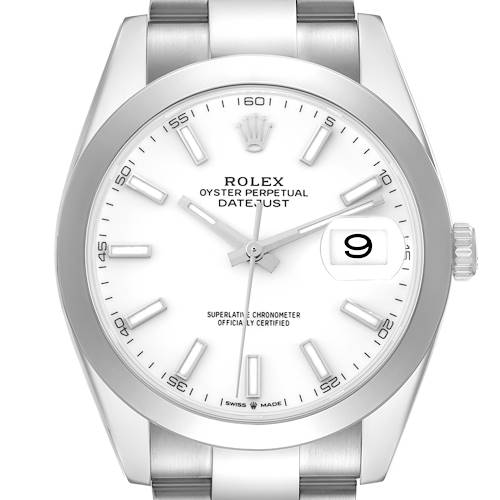 The Rolex Datejust 126300 Men's Stainless Steel White Dial watch is shown in a frontal view, highlighting the dial, bezel, and bracelet top.