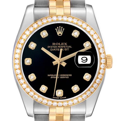 The image shows a Rolex Datejust 116243 Men's Steel and Gold (two tone) Black Dial watch from a front angle, highlighting its diamond bezel, black dial, and date display.