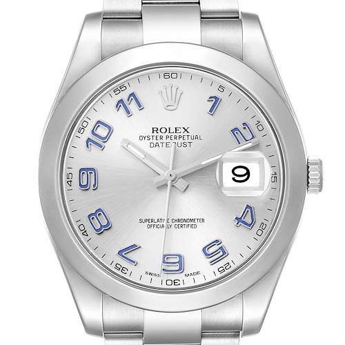 The Rolex Datejust 41 116300 Men's Stainless Steel Silver Dial is shown from the front, displaying the dial, hands, numerals, bezel, and crown.