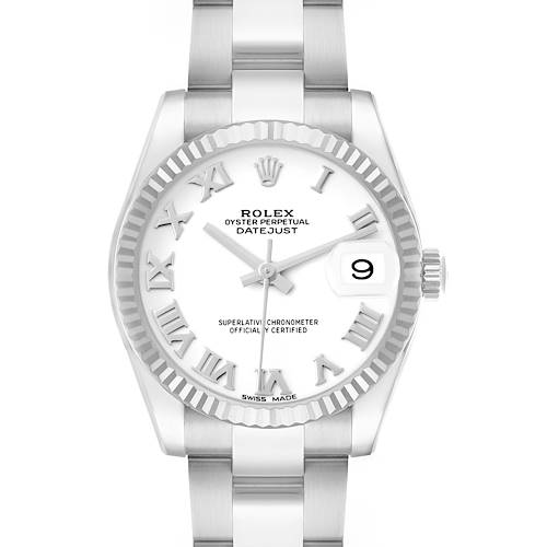 The Rolex Datejust 178274 Women's Stainless Steel White Dial watch is shown from a front angle, displaying the dial, bezel, bracelet, and date window.