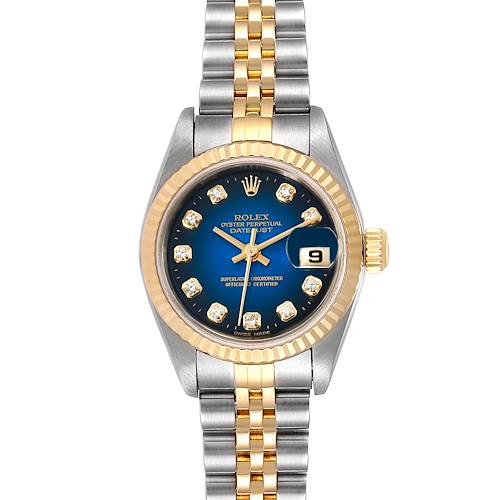 The Rolex Datejust 79173 Women's Steel and Gold (two tone) Blue Dial 79173 Women's Steel and Gold (two tone) Blue Dial watch is shown from the front angle, displaying the dial, bezel, and part of the bracelet.