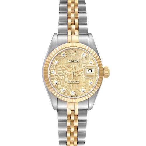 The image shows a Rolex Datejust 69173 Women's Steel and Gold (two tone) Champagne Dial watch from a front angle, highlighting its gold-textured dial, diamond markers, and two-tone bracelet.