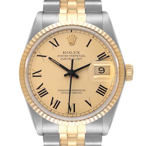 The image displays the front view of a Rolex Vintage Collection 16013 Men's Steel and Gold (two tone) Champagne Dial 16013 Men's Steel and Gold (two tone) Champagne Dial Oyster Perpetual Datejust watch, featuring Roman numerals and a date window.