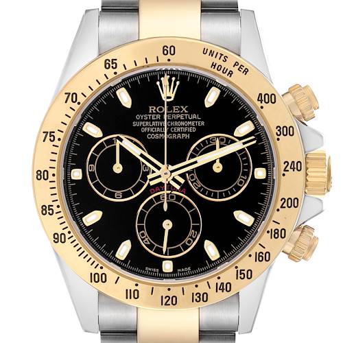 The Rolex Daytona 116523 Men's Steel and Gold (two tone) Black Dial watch is shown from a front angle, highlighting the dial, bezel, and partial crown.
