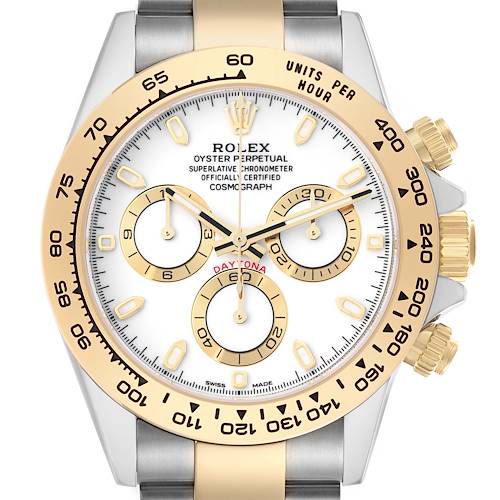 This image shows a frontal view of the Rolex Daytona 116503 Men's Steel and Gold (two tone) White Dial, highlighting the dial, bezel, subdials, and crown.