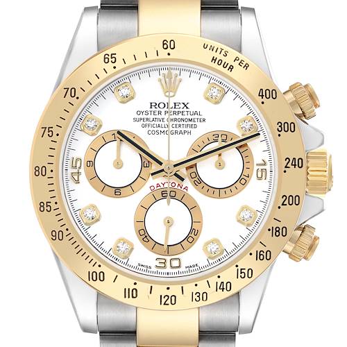 The Rolex Daytona 116523 Men's Steel and Gold (two tone) White Dial watch is shown from the front, highlighting the dial, bezel, subdials, and bracelet.