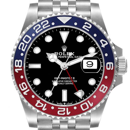 The Rolex GMT-Master 126710 Men's Stainless Steel Black Dial II watch is shown from a front angle, displaying the bezel, dial, hands, and bracelet.