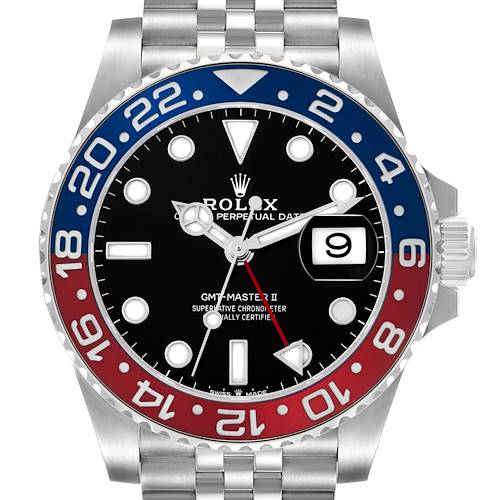 The Rolex GMT-Master 126710 Men's Stainless Steel Black Dial model is shown from the front, displaying the bezel, dial, hands, and partial bracelet.