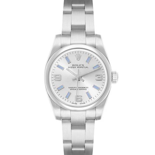 The Rolex Datejust 176200 Women's Stainless Steel Silver Dial watch is shown from a top-down angle, displaying the dial, case, and bracelet.
