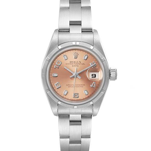 The image features a front view of the Rolex Date 69190 Women's Stainless Steel Pink Dial 69190 Women's Stainless Steel Pink Dial model watch, showcasing its dial, bezel, crown, and bracelet.