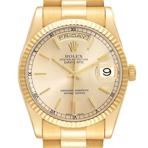 The Rolex President 118238 Men's Yellow Gold Champagne Dial watch is shown from the front, highlighting the dial, fluted bezel, and day and date displays.