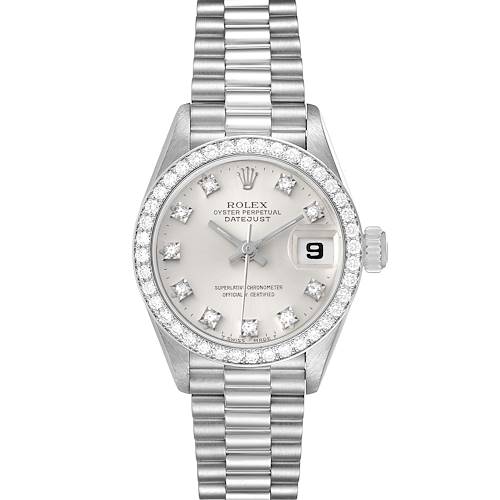 This image shows the front view of a Rolex President 69136 Women's Stainless Steel Silver Dial 69136 Women's Stainless Steel Silver Dial Datejust watch with a silver dial and jubilee bracelet.