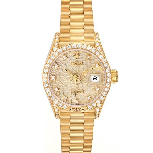 The Rolex President 69158 Women's Yellow Gold Silver Dial 69158 Women's Yellow Gold Silver Dial model watch is shown from the front, displaying the face, bezel with diamonds, crown, and part of the bracelet.