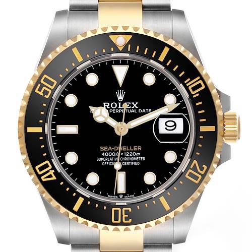 The Rolex Sea-Dweller 126603 Men's Steel and Gold (two tone) Black Dial watch is shown from a front angle, highlighting its face, bezel, and part of the bracelet.