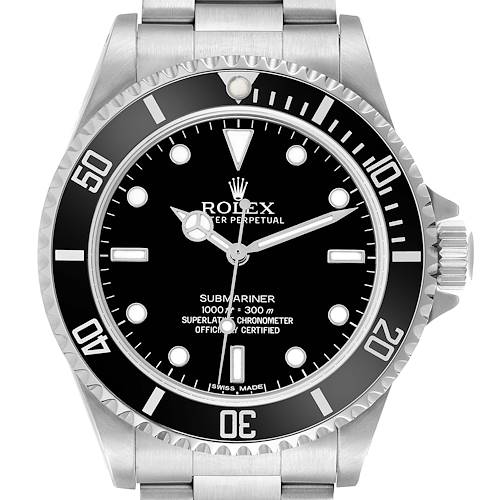 The Rolex Submariner 14060M Men's Stainless Steel Black Dial is shown front-facing, displaying the dial, bezel, and part of the bracelet.