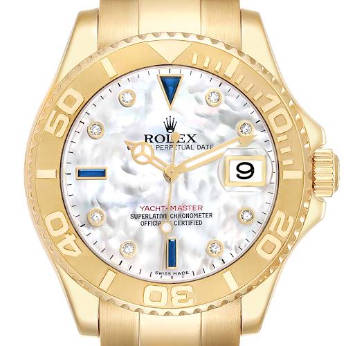 The Rolex Yacht-Master 16628B Men's Yellow Gold Mother of Pearl Dial is shown from a front angle, highlighting the bezel, dial, and date window.