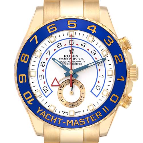 The Rolex Yacht-Master 116688 Men's Yellow Gold White Dial watch is shown from a front angle, highlighting the dial, bezel, and part of the bracelet.