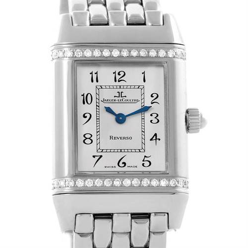 The image shows a front view of a Jaeger LeCoultre Reverso 265.8.08 Women's Stainless Steel Silver Dial 265.8.08 Women's Stainless Steel Silver Dial watch, highlighting its face, bezel, crown, and part of the bracelet.