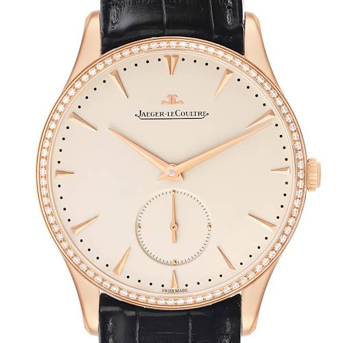 The image shows a Jaeger LeCoultre Master Q1352502 Men's Rose Gold Beige Dial Q1352502 Men's Rose Gold Beige Dial watch from the front, highlighting the dial, bezel, crown, and strap.