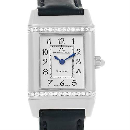 The Jaeger LeCoultre Reverso 265.8.08 Women's Stainless Steel Silver Dial 265.8.08 Women's Stainless Steel Silver Dial watch is shown from a front angle, displaying the dial, bezel, and part of the strap.