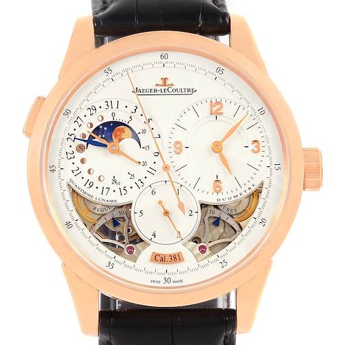 The image shows a front view of the Jaeger LeCoultre Duometre 15917 Men's Rose Gold Silver Dial 15917 Men's Rose Gold Silver Dial, displaying its intricate dial and complications.