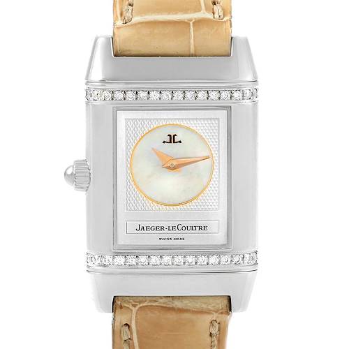 The image shows a front view of the Jaeger LeCoultre Reverso 266.8.44 Women's Stainless Steel Mother of Pearl Dial 266.8.44 Women's Stainless Steel Mother of Pearl Dial watch, highlighting its face, bezel, and crown.