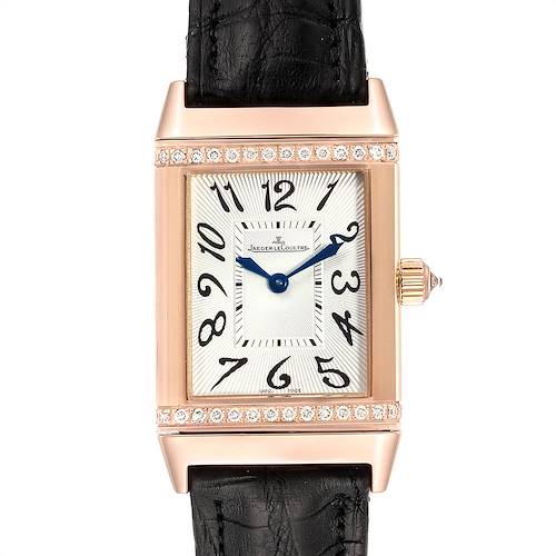 The image shows a front view of a Jaeger LeCoultre Reverso Q2562402 Women's Rose Gold Silver Dial Q2562402 Women's Rose Gold Silver Dial watch with its entire face, bezel, and part of the black strap visible.
