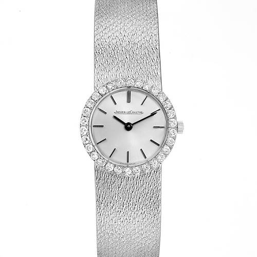 The image shows a front view of a Vintage Jaeger-LeCoultre watch, displaying its dial, bezel, and textured strap.