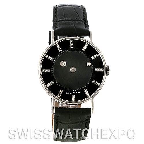 This image shows a front view of a vintage Vacheron Constantin LeCoultre watch with a black leather strap and diamond hour markers.