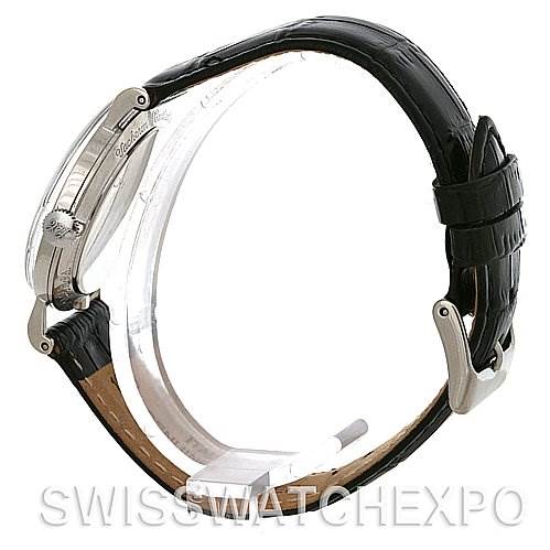 The image shows a side view of a Vintage Vacheron Constantin watch, highlighting the case, crown, and black leather strap.