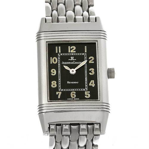 The image shows a frontal view of a Jaeger LeCoultre Reverso 261.8.86 Women's Stainless Steel Grey Dial 261.8.86 Women's Stainless Steel Grey Dial watch, highlighting its face, bezel, crown, and part of its metal bracelet.