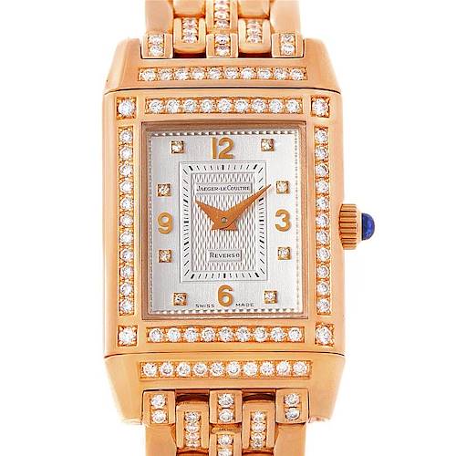 This image shows a front view of the Jaeger-LeCoultre Reverso watch showing the dial, bezel, crown, and part of the bracelet.