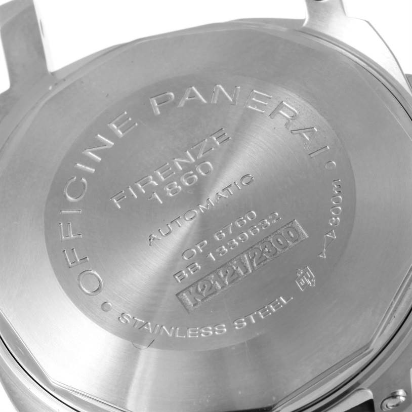 This image shows the back case of a Panerai Luminor PAM00048 Men's Stainless Steel Black Dial PAM00048 Men's Stainless Steel Black Dial watch, detailing the engraving and serial numbers.